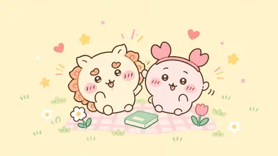 芝生の上で仲良くピクニックを楽しむシーサーと古本屋の可愛いPC壁紙