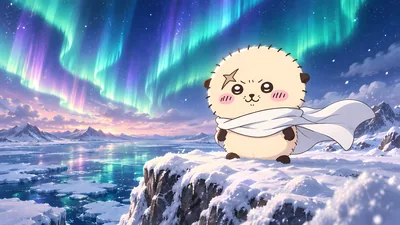 ラッコがオーロラ輝く雪山にマントをなびかせ佇む高画質なPC待ち受け