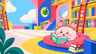 カラフルな本棚に囲まれてクッションで楽しく絵本を読む古本屋の癒しPC壁紙