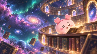 満天の銀河と星空図書館で魔法の本を広げて楽しむ古本屋の可愛いPC高画質壁紙