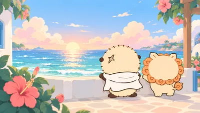 ラッコとシーサーがハイビスカス咲くテラスから夕日の海を眺めるPC高画質壁紙