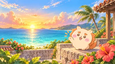 沖縄の美しい夕日とハイビスカスの海辺で手を振る可愛いシーサーのPC壁紙