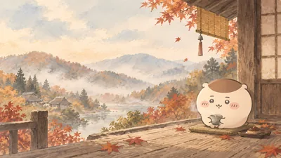단풍 물든 가을 풍경을 보며 따뜻한 차를 마시는 밤만쥬 데스크톱 고화질 배경화면