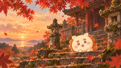 夕暮れの寺院で紅葉に囲まれ階段に寝そべる可愛いシーサーのPC用高画質壁紙