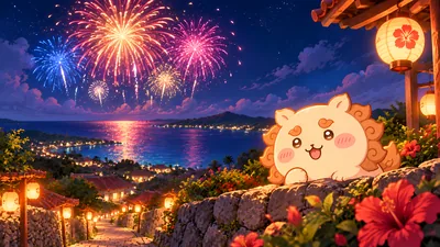海辺の夜空に打ち上がる花火を石垣から眺めるシーサーのPC待ち受け