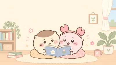 くりまんじゅうと古本屋が仲良く並んで絵本を読む温かいお部屋のPC壁紙