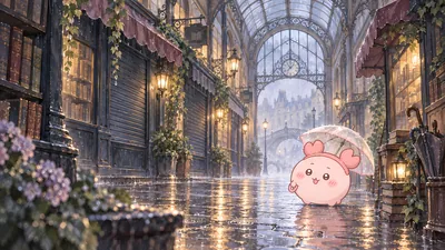雨の日のレトロな商店街で透明な傘をさして歩く古本屋のかわいいPC壁紙