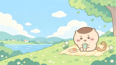 푸른 하늘 아래 언덕에서 피크닉과 차를 즐기는 귀여운 밤만쥬 데스크톱 고화질 배경화면