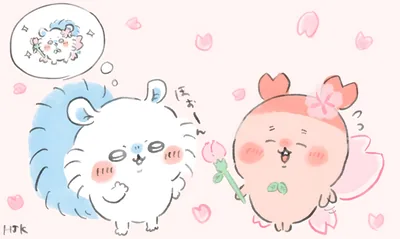 桜の花びらが舞い散る春に花を持つ古本屋とモモンガを描いた可愛いPC壁紙