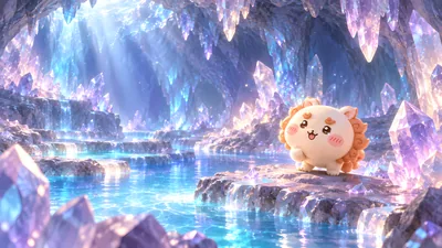 幻想的なクリスタル洞窟のせせらぎに佇む笑顔のシーサー PC高画質壁紙