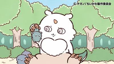 吉伊卡哇動畫中那孩子在寧靜森林裡抓著小怪物的生動場景高清電腦桌布