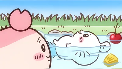 과일이 흐르는 시냇물에 둥둥 떠내려가는 치이카와와 후루혼야 데스크톱 배경화면