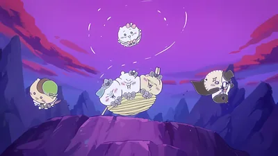 치이카와, 하치와레, 우사기, 모몽가가 보랏빛 밤하늘을 날아가는 귀여운 모험 데스크톱 배경화면