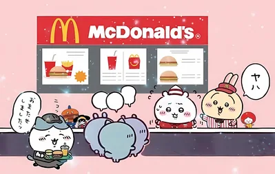 吉伊卡哇、小八與烏薩奇在麥當勞餐廳櫃檯熱鬧打工點餐的超萌電腦桌布
