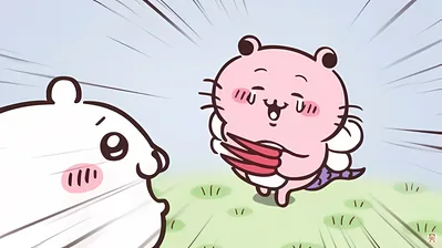 ちいかわとピンクのキメラが対峙する名シーンのPC壁紙