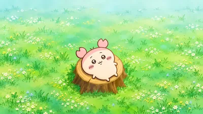 Cute Furuhonya relaxing on a tree stump in a green meadow for PC 4K Image