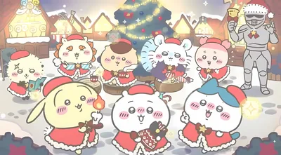 ちいかわ、ハチワレ、うさぎ達がサンタ衣装で冬の広場に集まるPC壁紙