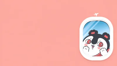 ちいかわのセイレーンが飛行機の窓から楽しそうに外を眺めるピンクのPC壁紙