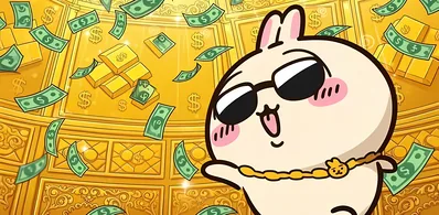 サングラスに金ネックレスを付けたリッチなうさぎと金塊・紙幣が舞うPC壁紙