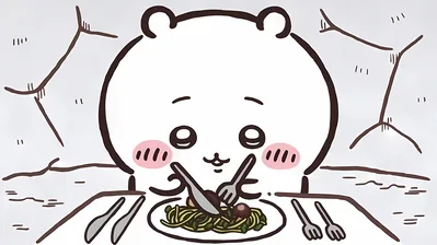 ちいかわがテーブルで美味しそうにパスタを食べる可愛い高画質PC待ち受け
