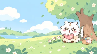 ちいかわのあのこが木陰で読書とピクニックを楽しむ草原風景PC壁紙