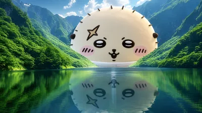 雄大な山々と美しい湖面に映る巨大なちいかわキャラクターのPC壁紙