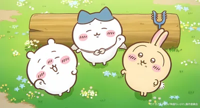 ちいかわ、ハチワレ、うさぎが野原の丸太のそばでくつろぐ可愛いPC壁紙