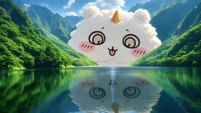 青空と雄大な山々の湖面に巨大なあのこが映る癒やしのPC壁紙