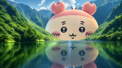 山々の美しい湖面に巨大な古本屋が映り込む癒やしのちいかわ風景PC壁紙
