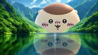 雄大な山々と清らかな湖面に映る巨大なくりまんじゅうの自然風景PC壁紙