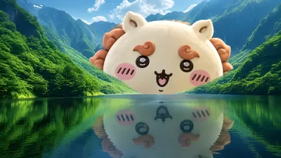美しい山々と湖面に反射する巨大で可愛いシーサーの風景PC高画質壁紙