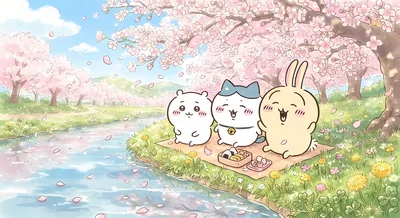 ちいかわとハチワレとうさぎが満開の桜並木でピクニックを楽しむ春のPC壁紙
