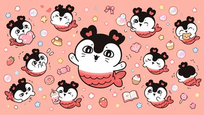 Chiikawa cute mermaid Siren with sweets and bubbles pink art for PC Wallpaper
