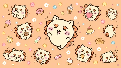ちいかわのシーサーがドーナツやタピオカなどのお菓子に囲まれた可愛いPC壁紙
