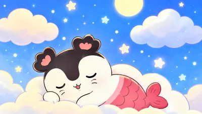 夜空の月と雲の上ですやすや眠るちいかわの人魚キャラクターのかわいいPC壁紙