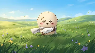 草原と花畑でマントを纏い剣を持つちいかわキャラクターのPC高画質壁紙