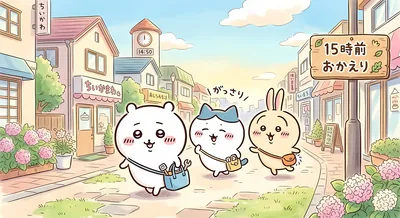 ちいかわとハチワレとうさぎが可愛い街並みを歩く癒やしのPC壁紙