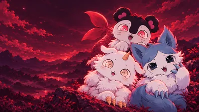 Chiikawa Aoko and chimera friends under a crimson sky for PC 4K Image