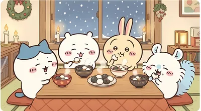 Chiikawa, Hachiware, Usagi, Momonga eating in winter kotatsu Wallpaper for PC
