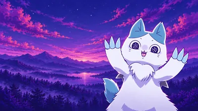Chiikawa Aoko posing happily against a purple sunset for PC Background