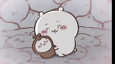 Chiikawa lovingly hugging little Chiikabu heartwarming scene for PC Wallpaper