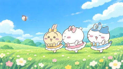 Chiikawa, Hachiware, and Usagi dancing in cute dresses for PC Wallpaper