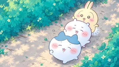 Chiikawa, Hachiware, and Usagi running along a sunny path for PC Wallpaper