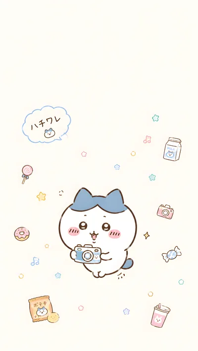 Cute Hachiware holding a camera with snacks and stars for Phone Wallpaper