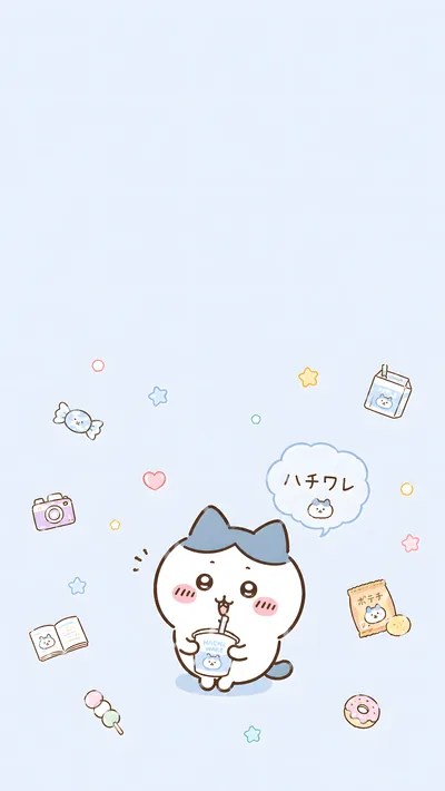 Cute Hachiware drinking soda with sweet snacks and treats for Phone Wallpaper