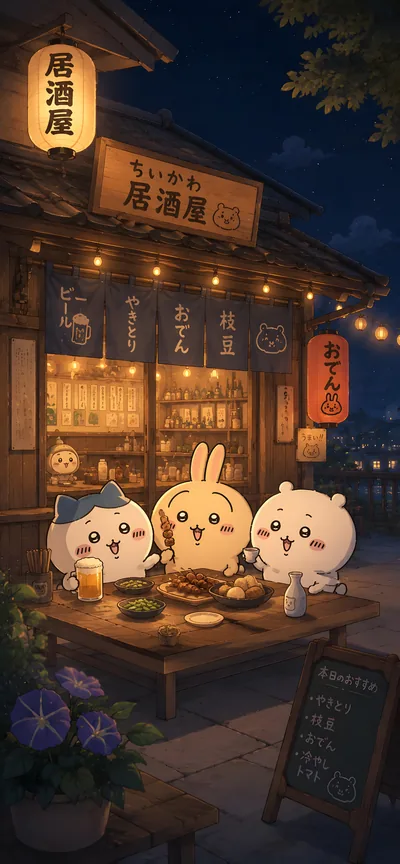 吉伊卡哇、小八與烏薩奇在深夜居酒屋愉快聚餐的手機桌布