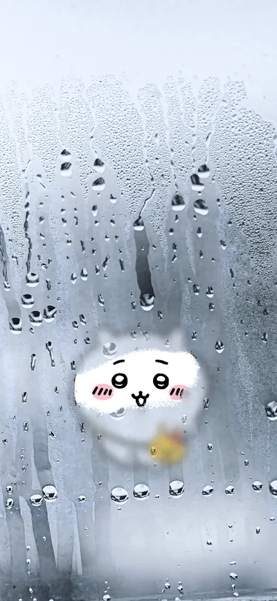 結露した窓に描かれた可愛いちいかわの顔とリアルな水滴が特徴のスマホ壁紙