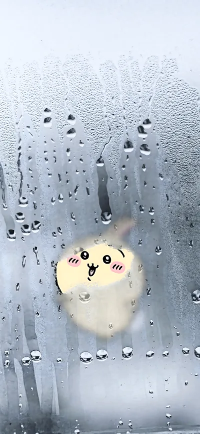 雨の日の曇りガラスの向こうから顔を覗かせる可愛いうさぎのスマホ待ち受け