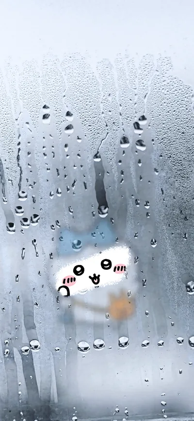 結露した曇りガラスに指で描かれた可愛いハチワレの癒やし系スマホ壁紙