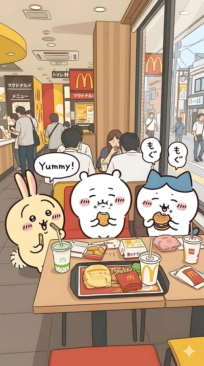 치이카와, 하치와레, 우사기가 패스트푸드점에서 햄버거를 먹는 스마트폰 고화질 배경화면